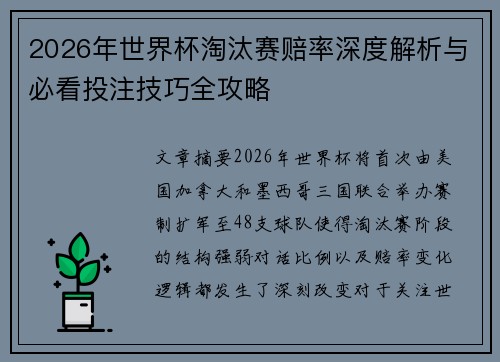 2026年世界杯淘汰赛赔率深度解析与必看投注技巧全攻略
