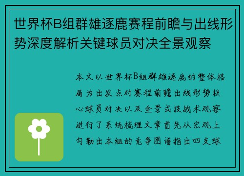 世界杯B组群雄逐鹿赛程前瞻与出线形势深度解析关键球员对决全景观察